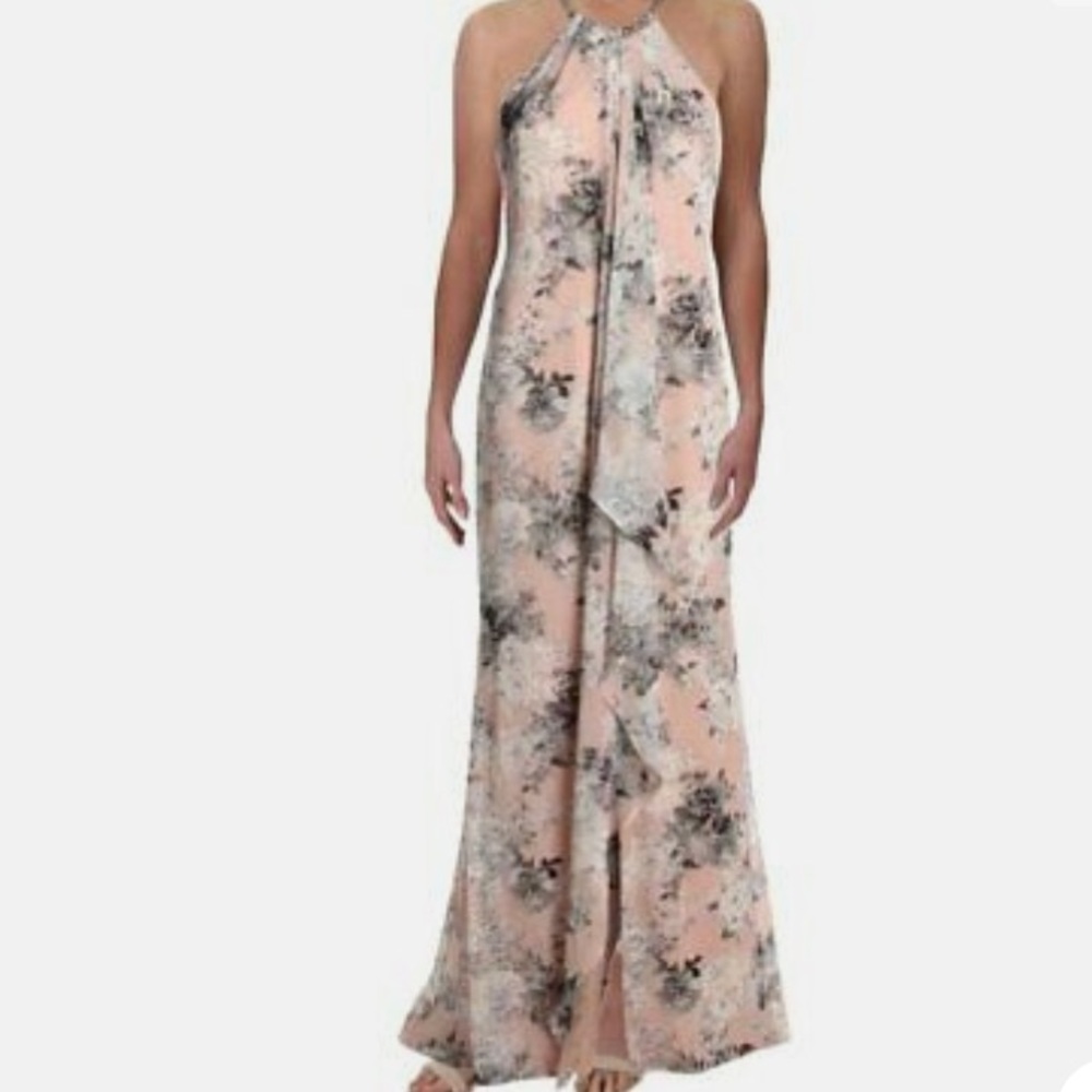 Calvin Klein NWT Exquisite BLUSH MULTI Floral Draped DRESS Halter Gown